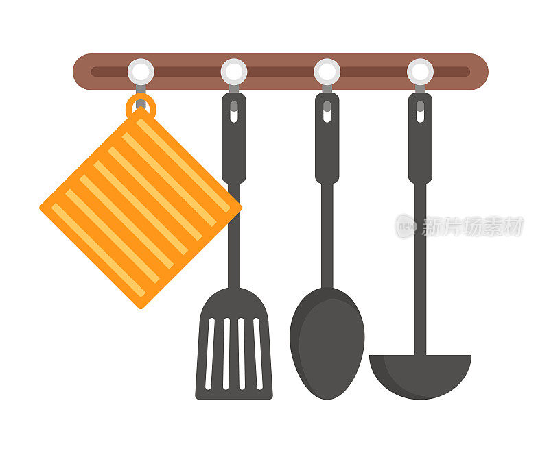 A set of hanging kitchen utensils.